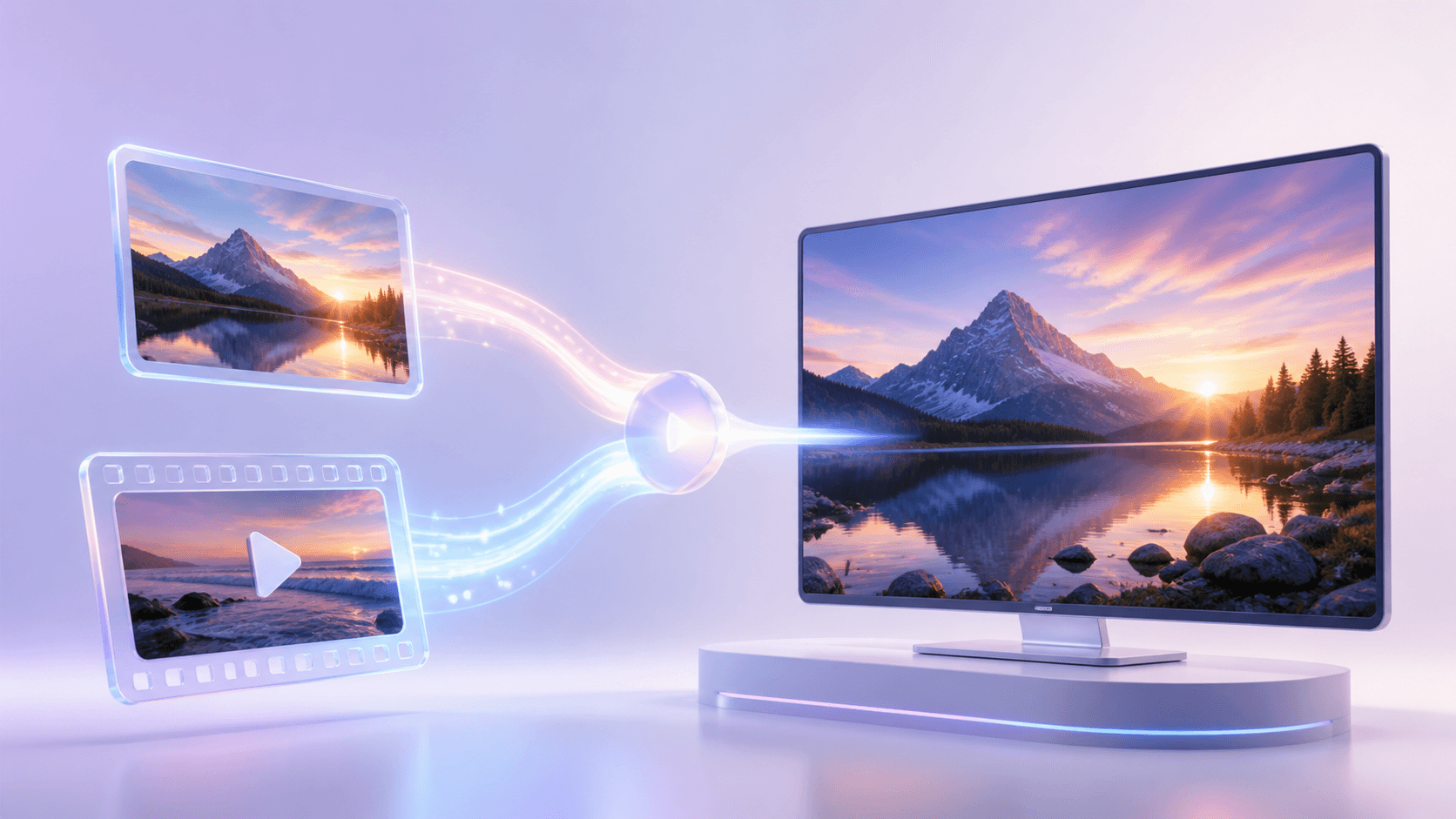 Photo and video cards flowing into a clear large display