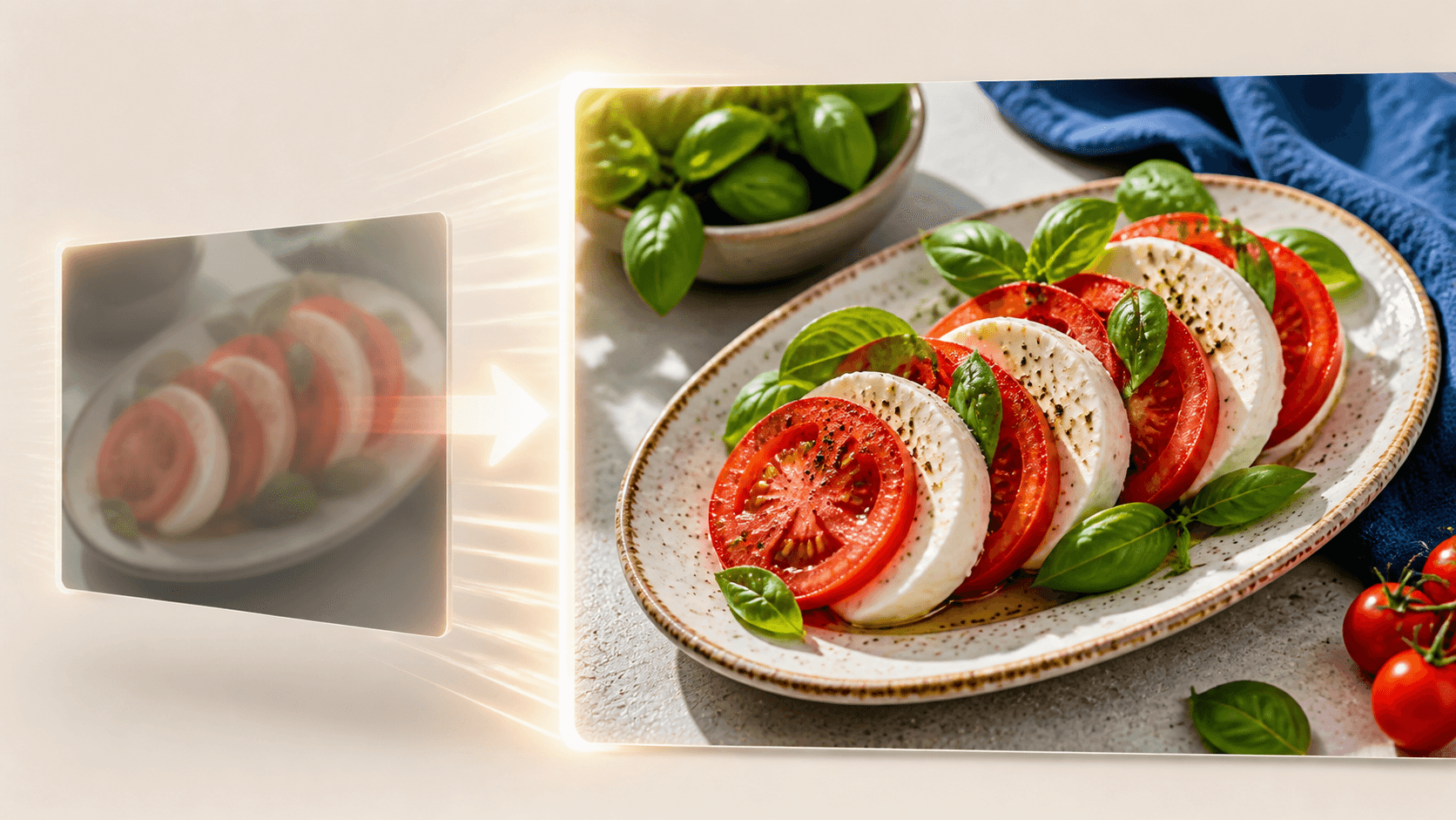 A small soft food image changing into a large crisp photograph with natural texture