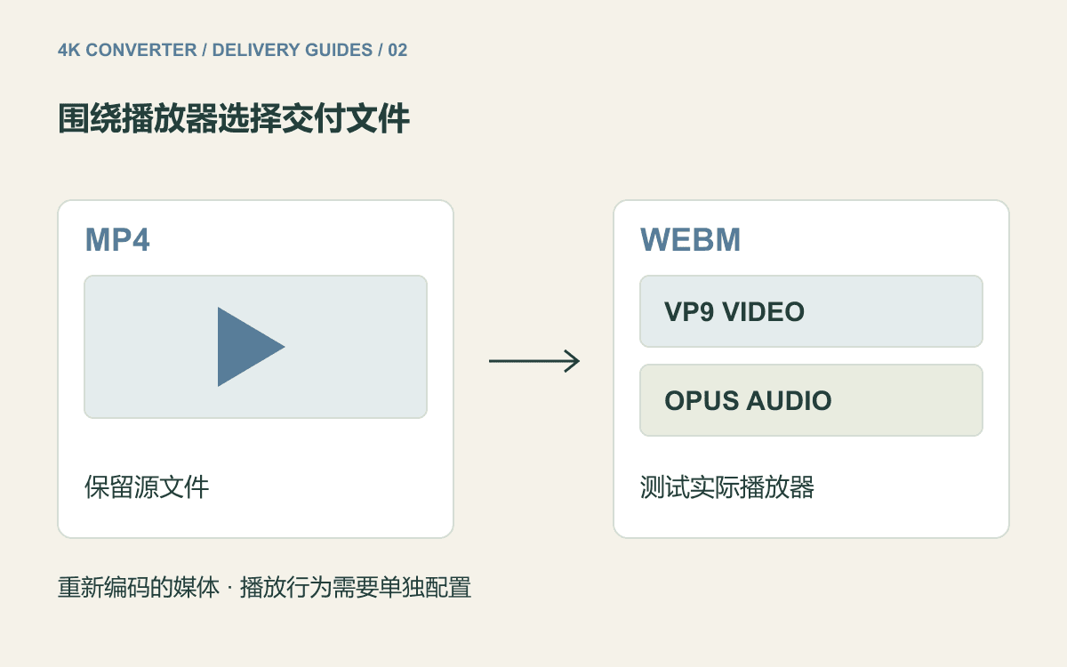 MP4 源文件重新编码后形成 WebM 容器,其中视频为 VP9、音频为 Opus