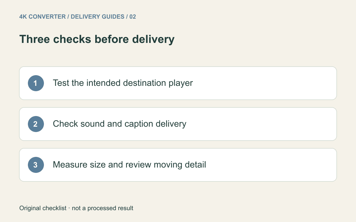 Web video checks for destination playback, audio timing, and measured file size