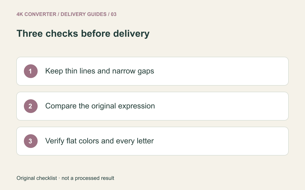 Illustration checklist for line weight, original expression, and correct lettering and flat colors