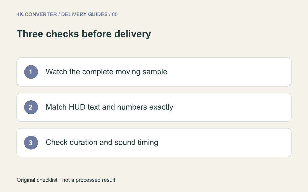 Gameplay review checklist for motion consistency, exact HUD numbers, and synchronized audio