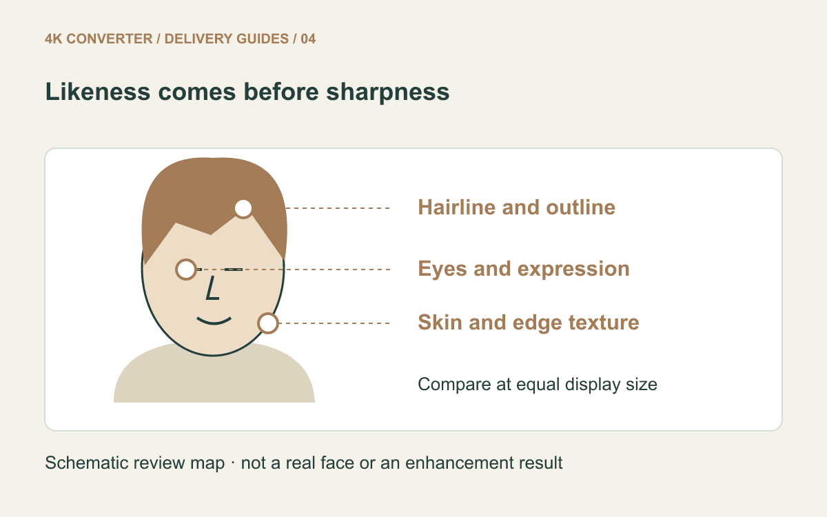 A drawn portrait with eye, hairline, and outline markers to illustrate likeness checks