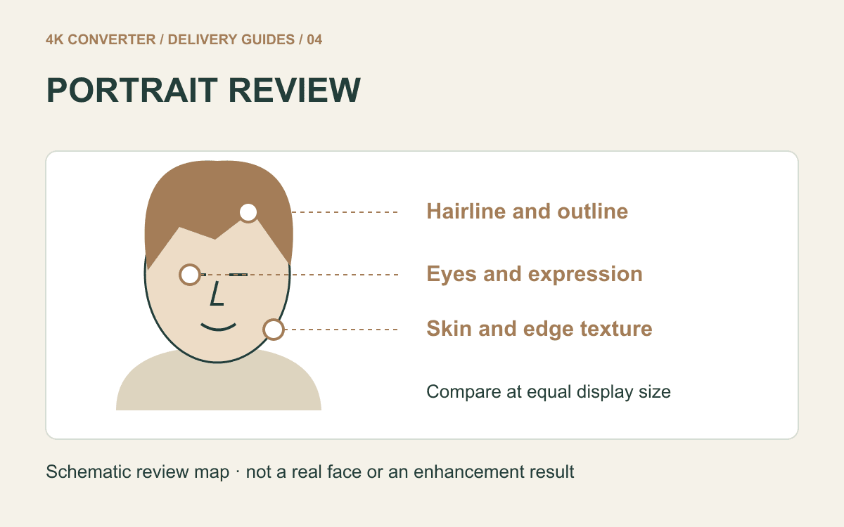 A schematic portrait with review markers for eyes, hair, and the face outline