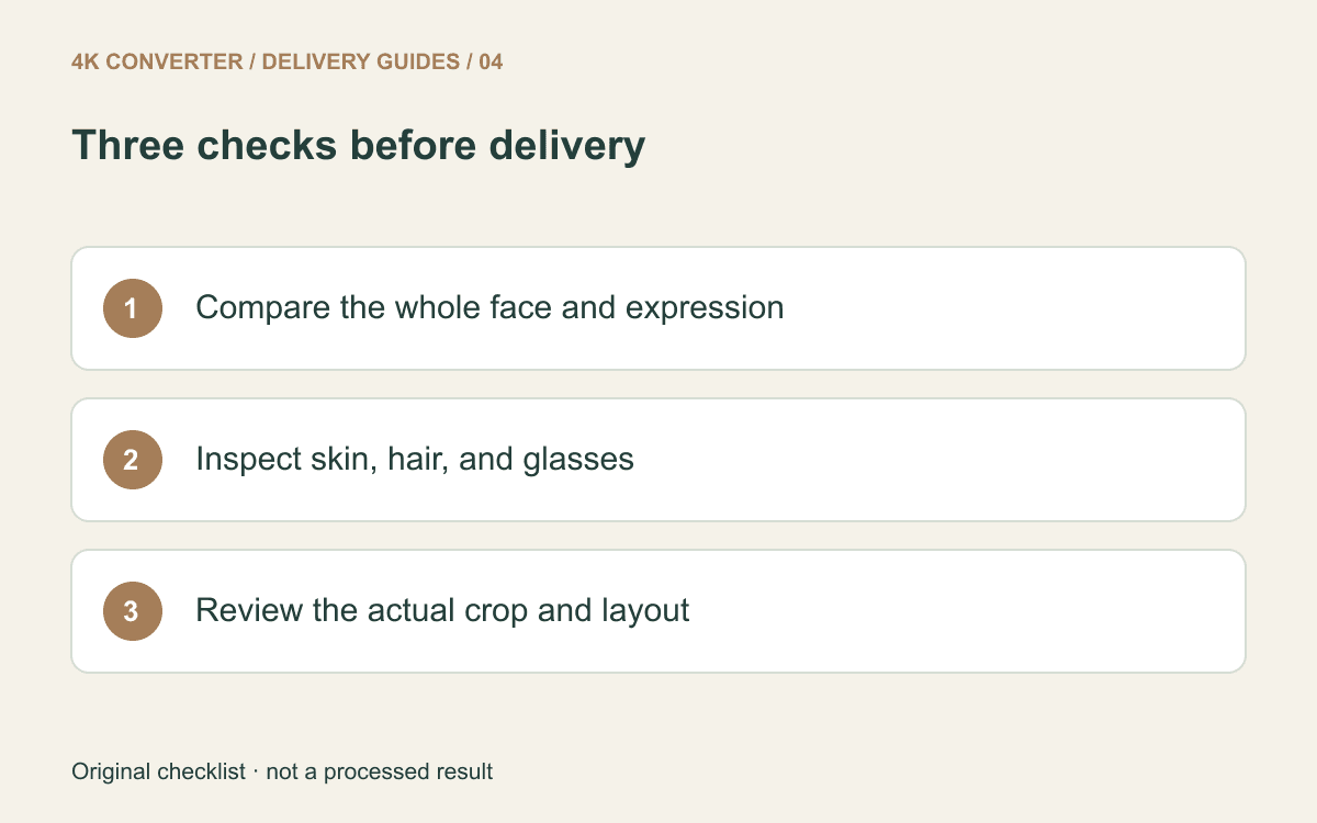 Portrait review checklist for expression, natural skin and hair, and the final crop