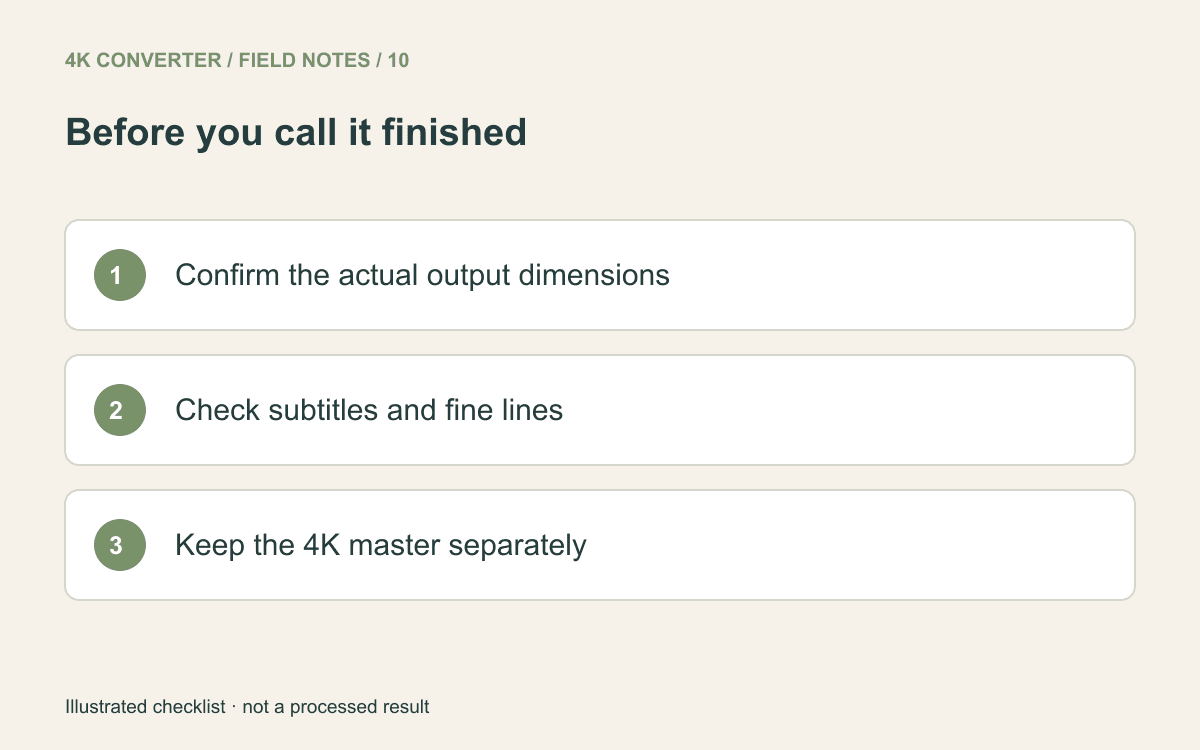 Checklist to confirm output dimensions, inspect subtitles and fine lines, and keep the 4K master separately