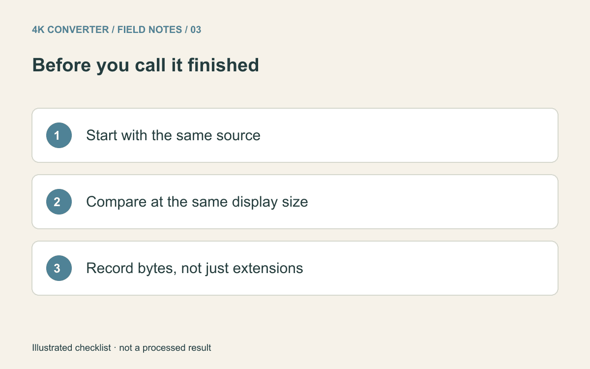Checklist to compare exports from the same source at the same display size and record actual byte sizes