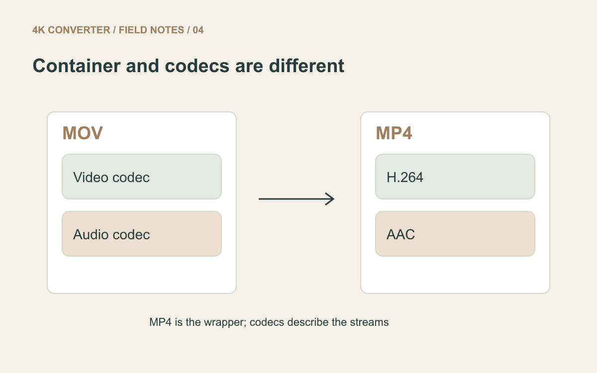 MOV and MP4 wrappers containing separate video and audio streams, with H.264 and AAC shown for the MP4 output