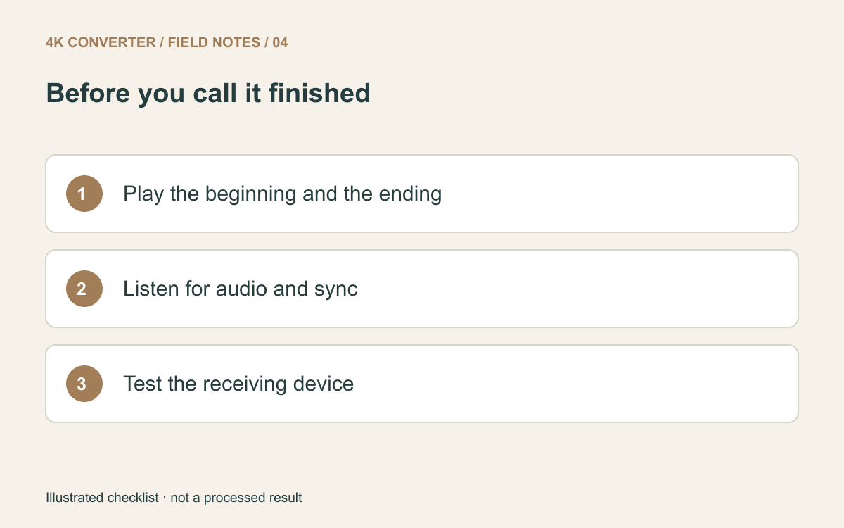 Checklist to play the beginning and ending, check audio synchronization, and test on the receiving device
