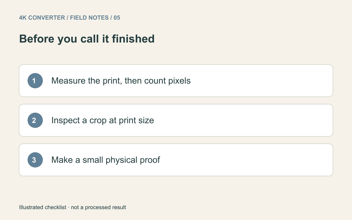 Checklist to calculate pixels from print size, inspect a crop at print scale, and make a physical proof