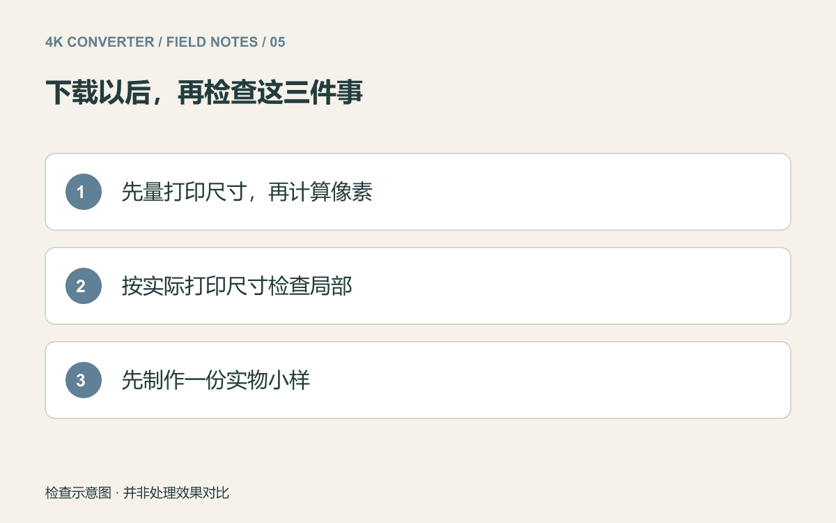 先根据打印尺寸计算像素、按实际尺寸检查局部、制作实物小样的清单