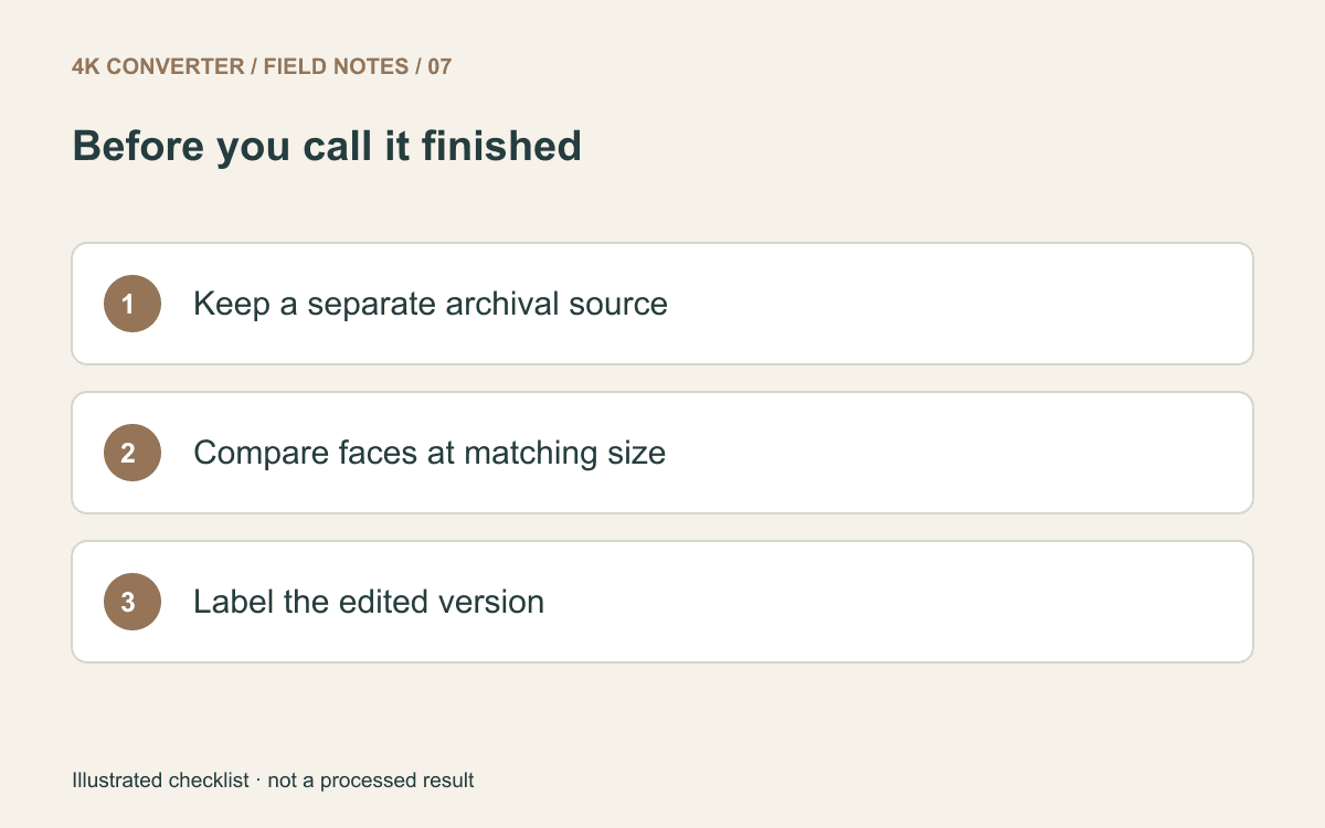 Checklist to keep the archival source, compare faces at the same size, and label the edited version