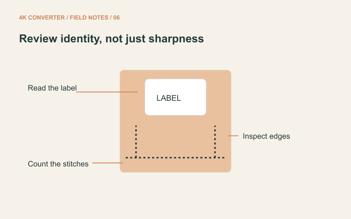 A product-bag schematic identifying the label, edges, and stitching as inspection points
