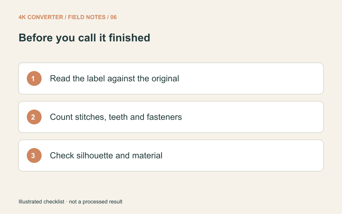 Checklist to verify label text, stitching and fasteners, and the product silhouette and material