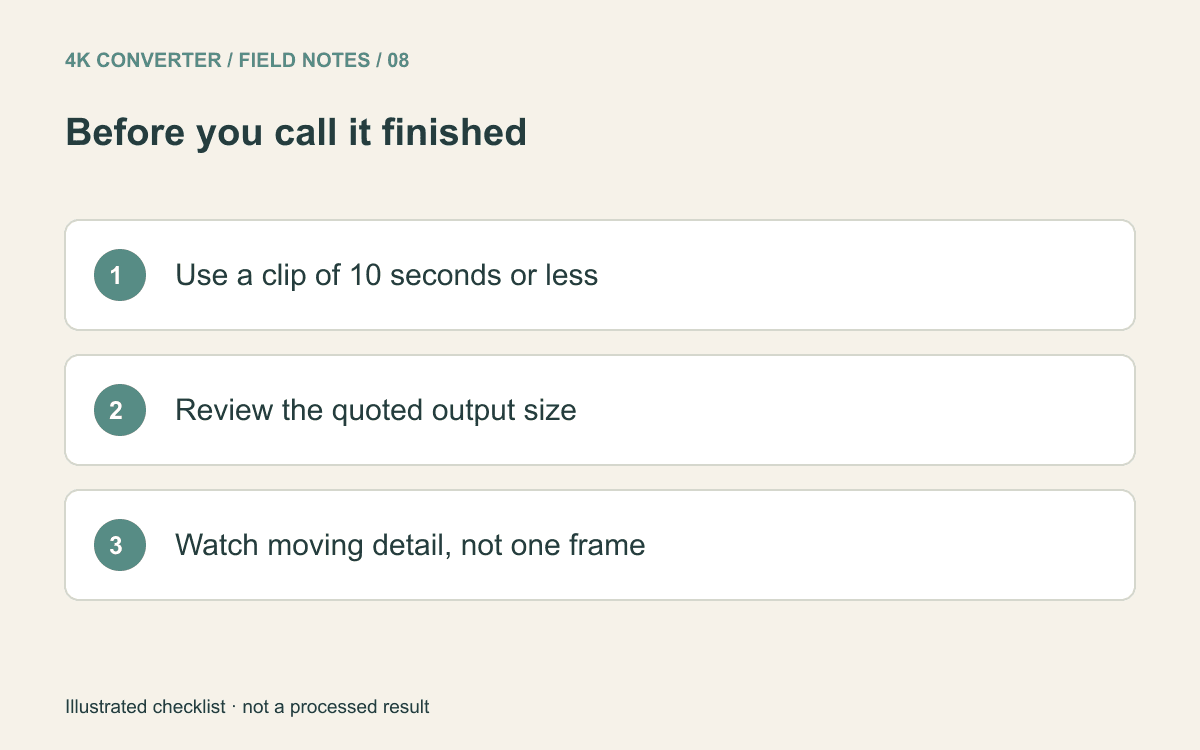 Checklist to use a clip of ten seconds or less, inspect quoted dimensions, and review moving detail