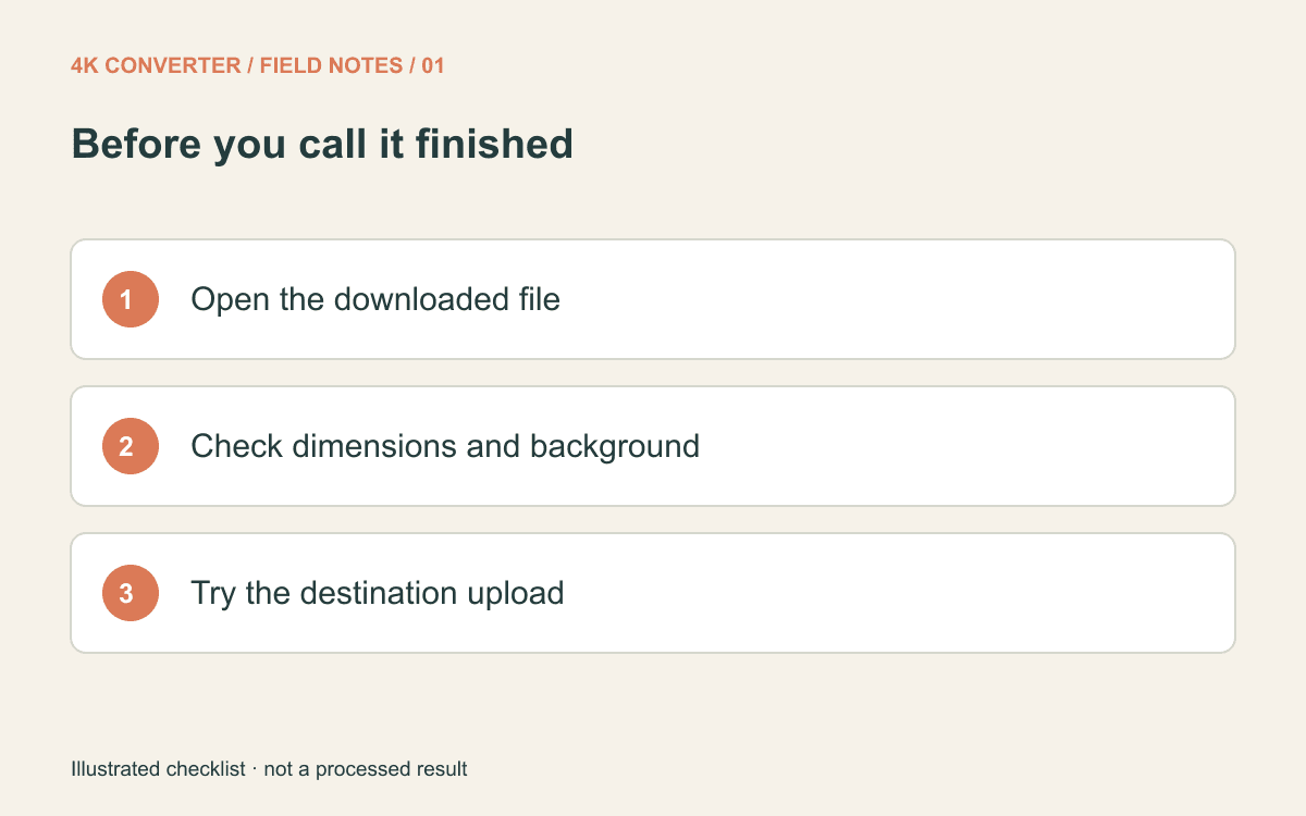 Checklist to open the downloaded file, inspect dimensions and background, and try the destination upload