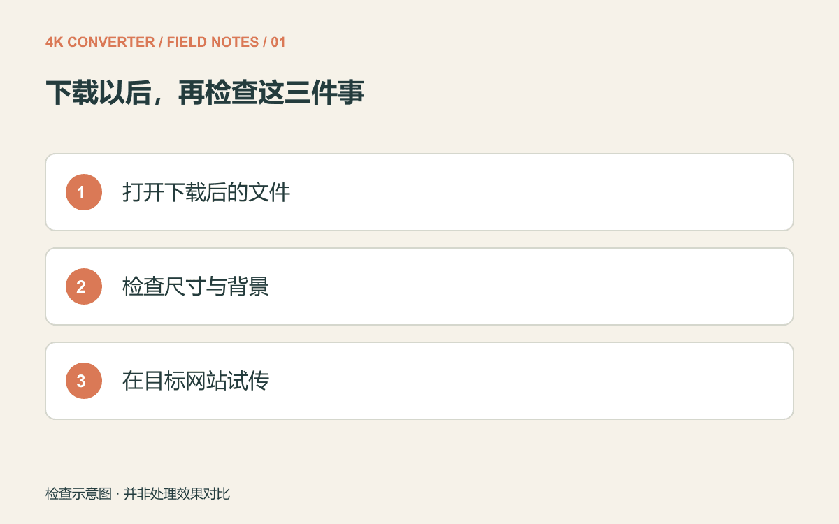 依次打开下载文件、检查尺寸和背景、在目标网站试传的检查清单