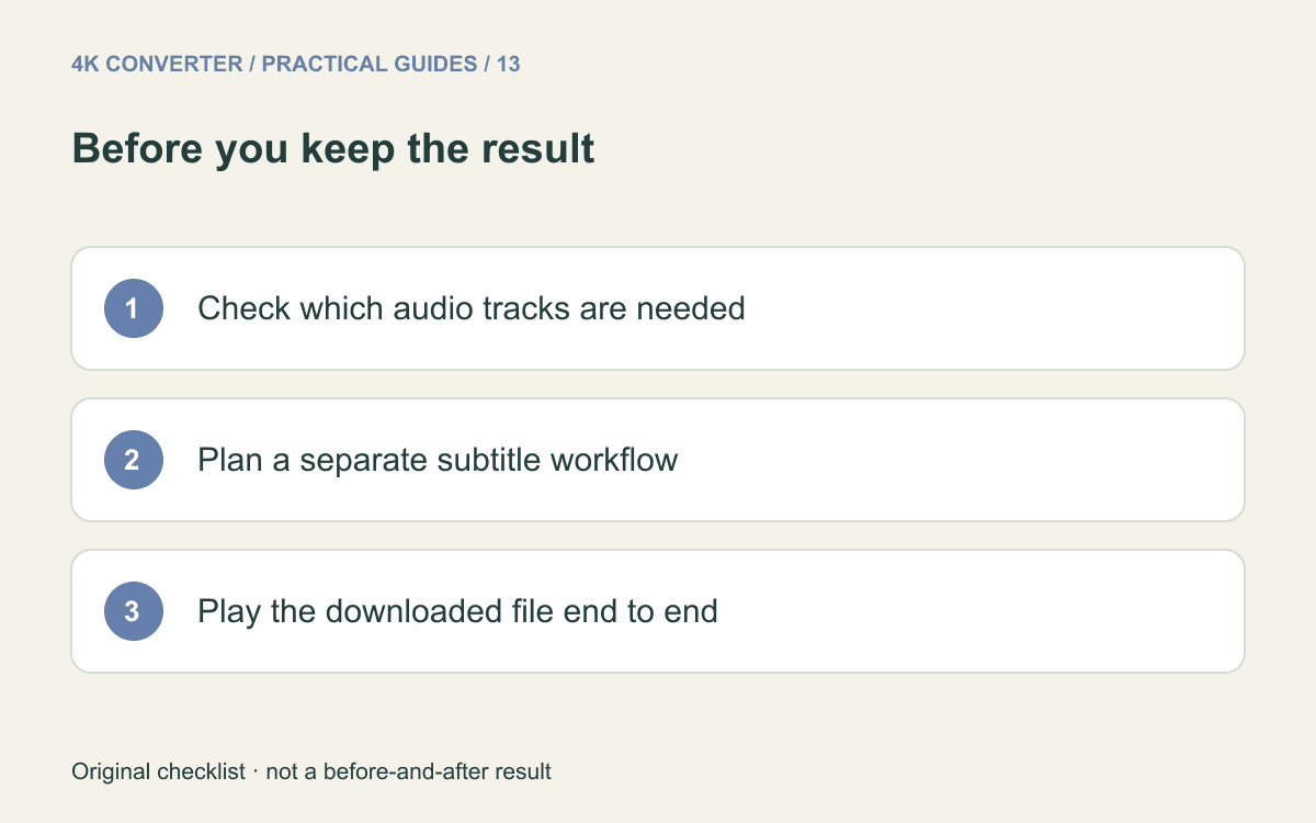 Checklist for required audio tracks, separate subtitle handling, and complete playback of the downloaded MP4