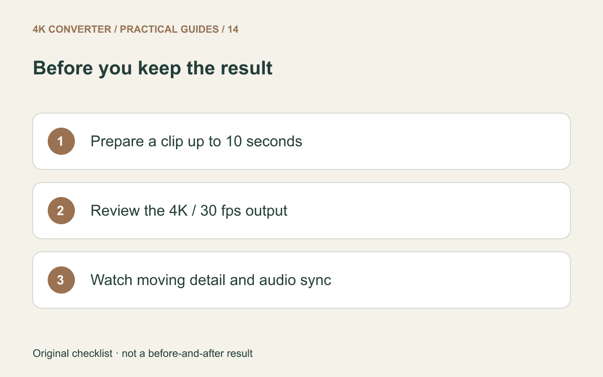 Checklist to prepare a ten-second clip, confirm 4K at 30 fps, and inspect motion and audio synchronization