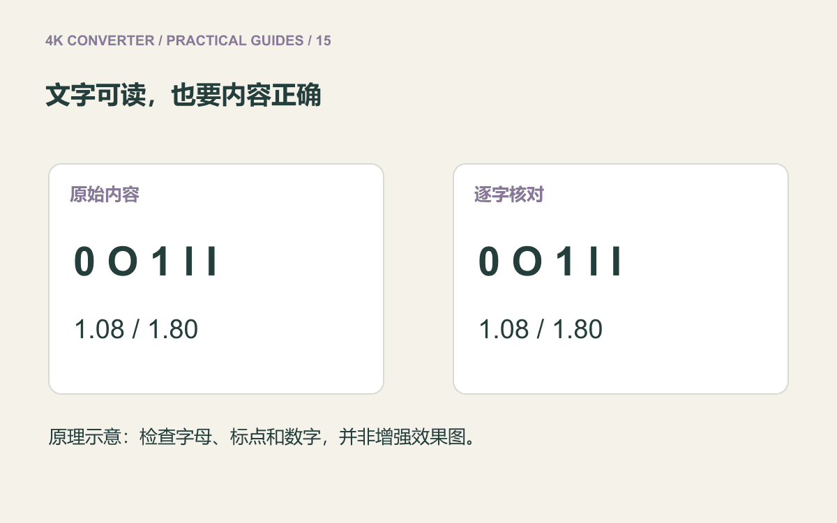需要核对的字符示例,包括数字零与字母 O、数字一与小写 l,以及带小数点的数字