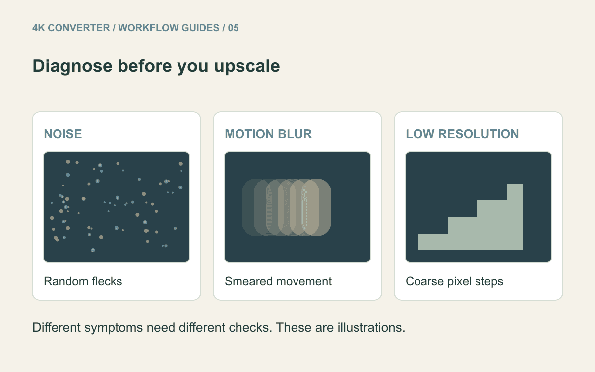 Three schematic panels distinguish random noise, smeared motion, and a coarse pixel grid