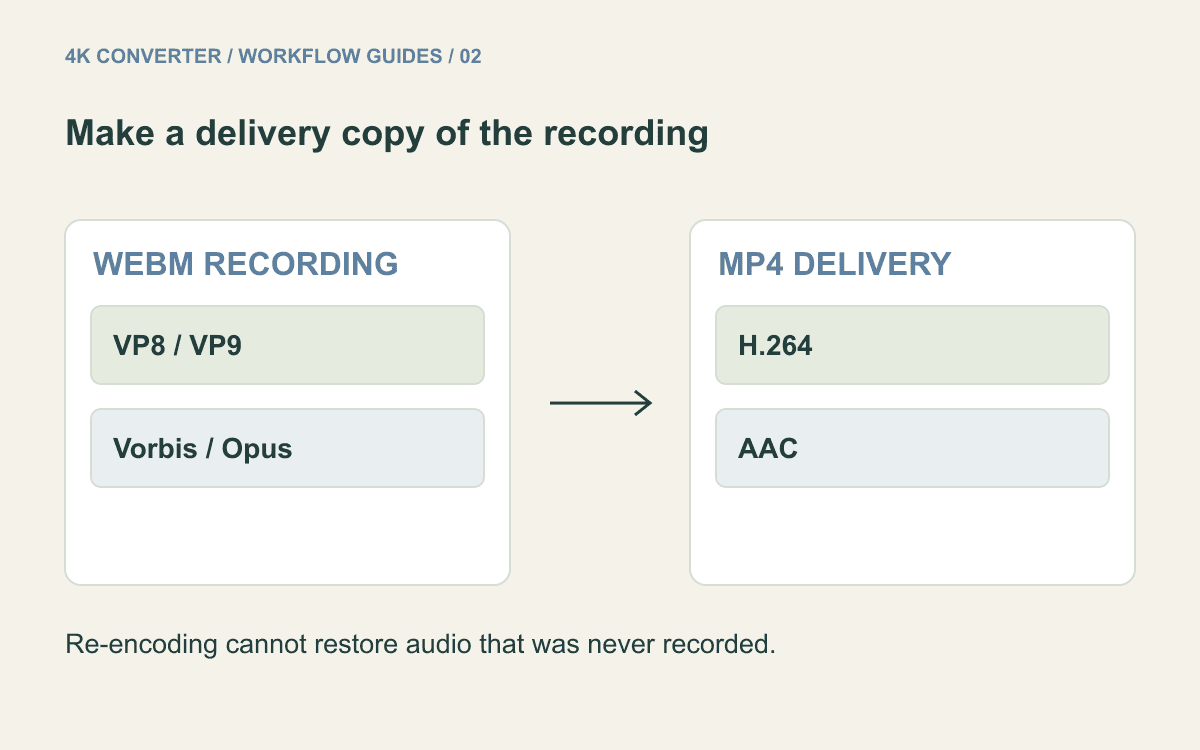 WebM recording streams and the H.264 video and AAC audio used for MP4 output