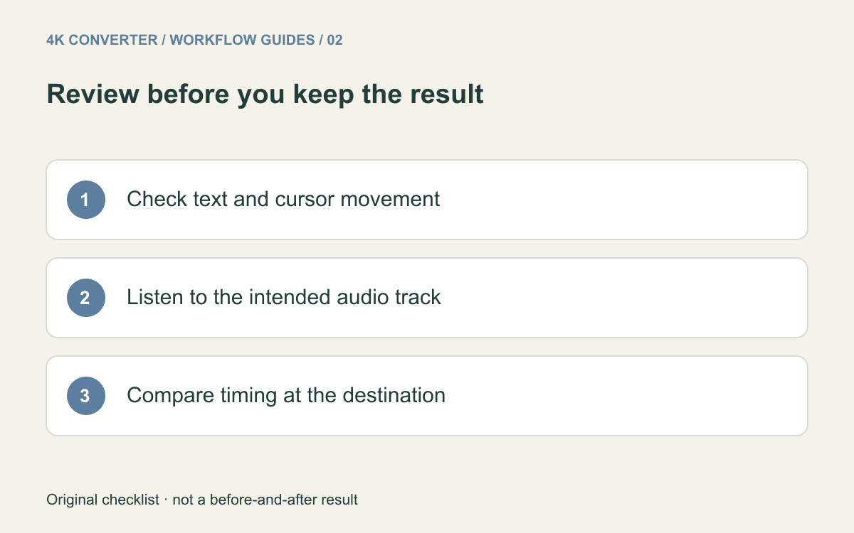 Three review checks for a recording: legible screen text, correct audio, and matching timing